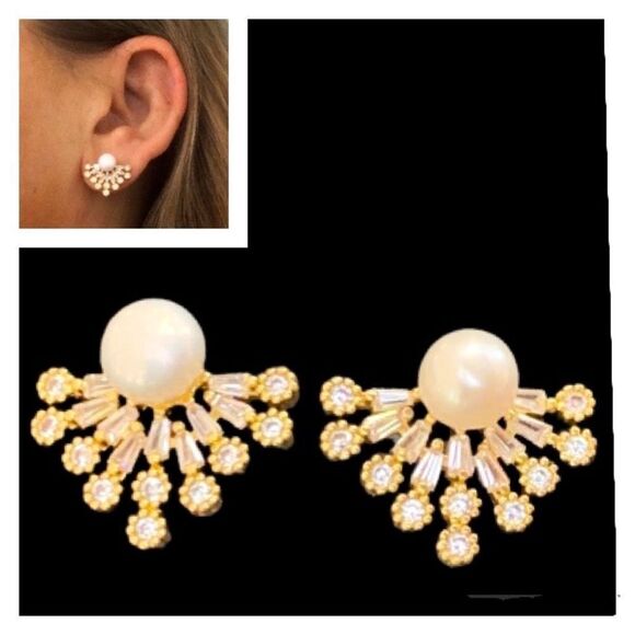 Real Freshwater Cultured Pear & 14k Gold Plated Studs, Flower Fan Star Earrings - Picture 1 of 9